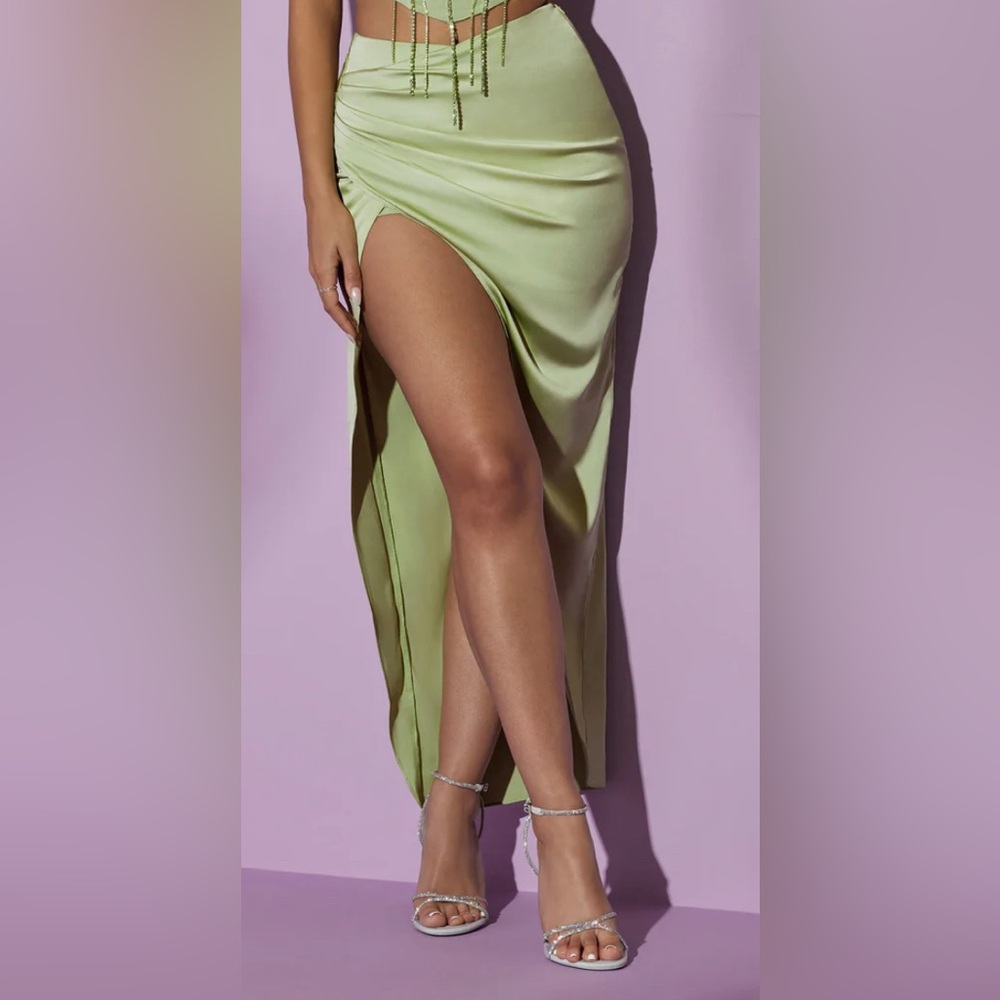 Oh Polly Pia Sage Green Maxi Slit Skirt